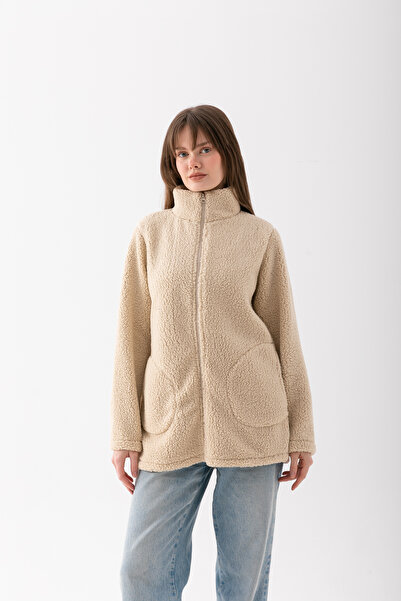 EtkiModa Women's Cream Mock Neck Zippered Fleece Jacket