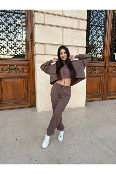 OEMN Compleu Dama 2 Piese din Bumbac - Set 2 Piese Hanorac Crop si Pantaloni