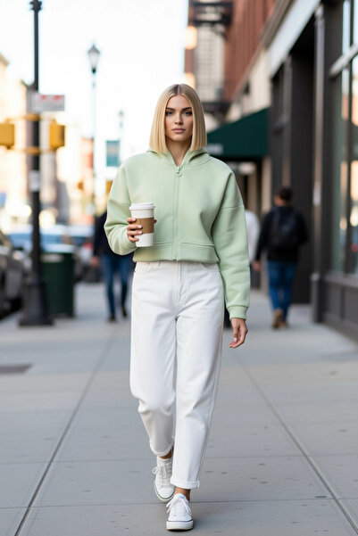 BENERLY Hanorac tricotat cu glugă și fermoar pentru femei, cu mâneci scurte, ...