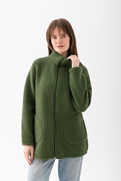 EtkiModa Women's Khaki Green Mock Neck Zippered Fleece Jacket