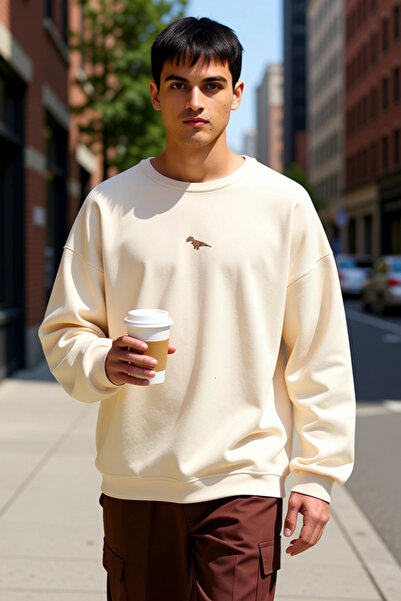 BENERLY Men's Crew Neck Low Sleeve Embroidered Oversized Sweatshirt 65% Cotto...