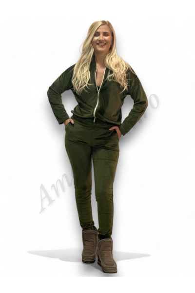 OEMN Women's Velvet Tracksuit Kyra - Zippered Top and Khaki Pants Set