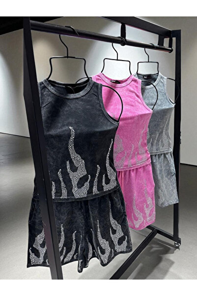 OEMN Compleu Dama Cu Pietre Decorative, Tricou Fara Maneci Si Pantaloni Scurt...