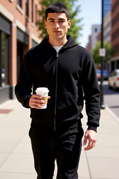 BENERLY Men's Crew Neck Standard Sleeve Zippered Textured Sweatshirt Function...