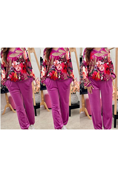 OEMN Compleu Dama din Catifea - Pantaloni si Hanorac cu Imprimeu Floral