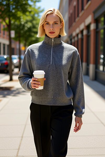 BENERLY سترة نسائية ياقة مرتفعة متوسطة الطول بأكمام قصيرة وسحاب نصفي، عملية و...