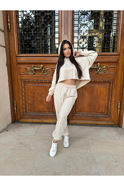 OEMN Compleu Dama 2 Piese din Bumbac - Set 2 Piese Hanorac Crop si Pantaloni