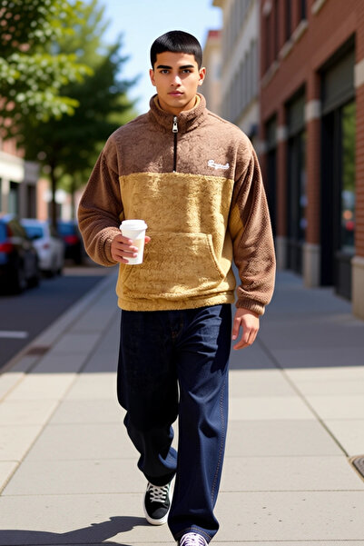 BENERLY Ανδρικό φούτερ με όρθιο γιακά, στάνταρ, με χρωματικά μπλοκ, βελούδινο...