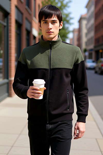 BENERLY Ανδρικό φούτερ με όρθιο γιακά, στάνταρ μανίκια, φερμουάρ, χρωματικό μ...