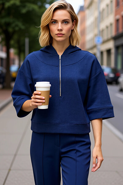 BENERLY Women's Hooded Quarter Sleeve Zipper Detailed Oversized Sweatshirt Fu...