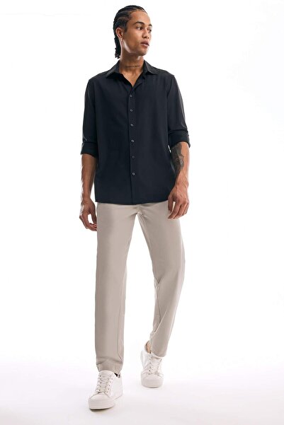 DeFacto Slim Fit Slim Fit Polo Neck Flexible Fabric Basic Plain Long Sleeve Black Shirt (25 Sp)