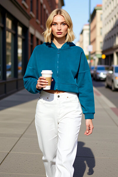 BENERLY Hanorac tricotat cu glugă și fermoar pentru femei, cu mâneci scurte, ...