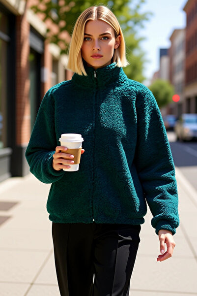 BENERLY Kadın Dik Yaka Düşük Kol Fermuar Kapamalı Örme Sweatshirt Fonksiyonel...