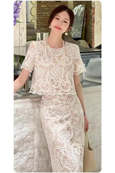 OEMN Women's Set Elegant Lace Outfit – Short Sleeve Blouse & Midi Skirt, Made...