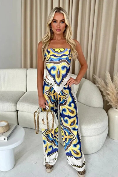 OEMN Compleu Dama Top si Pantaloni Satin cu imprimeuri diverse