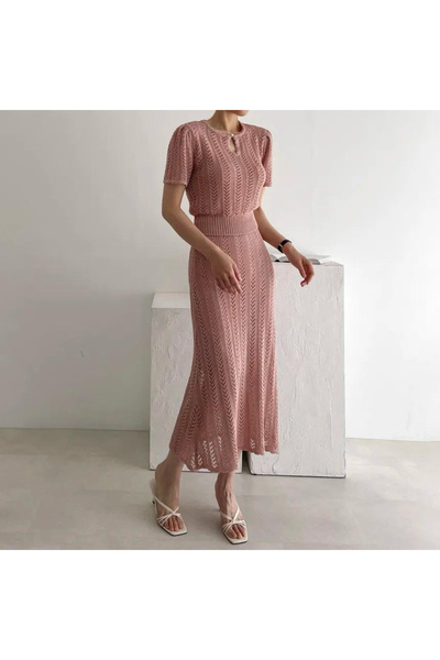 OEMN Compleu dama de vara cu bluza si fusta midi tricotata