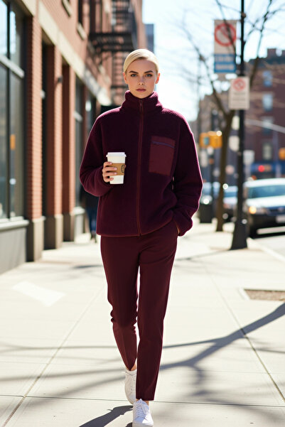 BENERLY Kadın Dik Yaka Düşük Kol Tam Fermuarlı Peluş Sweatshirt Fonksiyonel D...