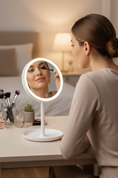 Buffer ® LED Işıklı Yuvarlak Makyaj Aynası – Dokunmatik Ayarlanabilir Işık Tonlu, 360° Döner Masaüstü