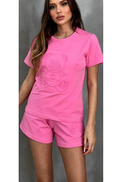 OEMN Women's Cotton Set T-Shirt and Shorts 3d Teddy Bear Print - Sporty