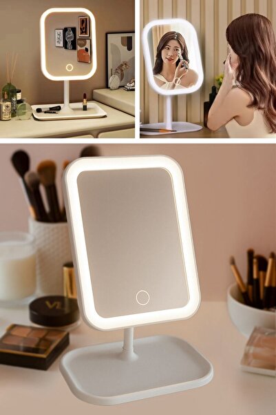 Buffer ® Dokunmatik LED Işıklı Kare Makyaj Aynası – Altı Organizer Kaseli, Ayarlanabilir Aydınlatmalı