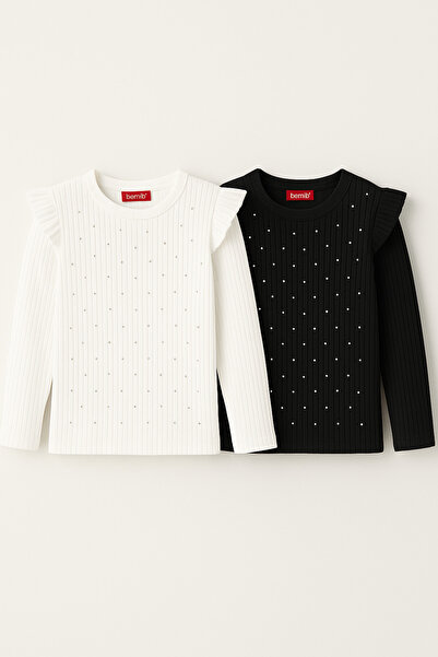 KANKA BENİGİY طقم بلوزة تريكو مكون من قطعتين للفتيات من قطعتين بتفاصيل من اللؤلؤ من عمر 4 إلى 12 سنة، طقم أنيق مكون من قطعتين باللونين الأسود والأبيض