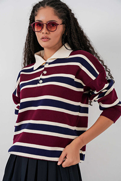 Cistern İstanbul Women's Polo Neck Striped Knitwear Sweater