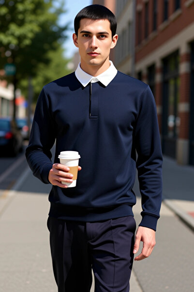 BENERLY Men's Polo Neck Long Sleeve Oversized Mold Sweatshirt Functional Dura...