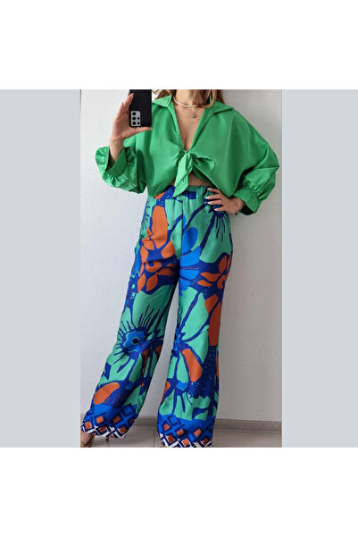 OEMN Compleu Dama Bluza si Pantaloni Satin cu imprimeuri diverse