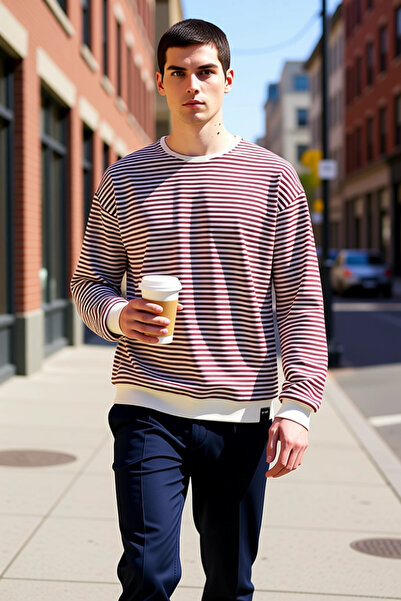 BENERLY Men's Crew Neck Standard Sleeve Striped Oversized Sweatshirt Function...