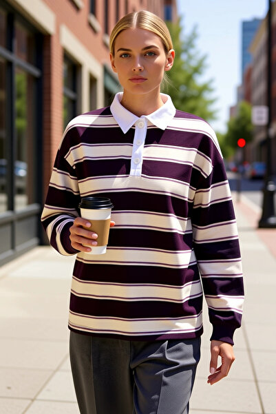 BENERLY Women's Polo Neck Low Sleeve Oversized 100% Cotton Striped Sweatshirt...