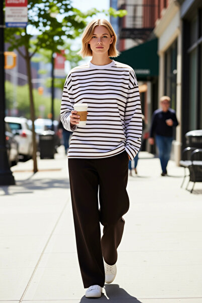 BENERLY Women's Crew Neck Low Sleeve Striped Knitted Wide Cut Sweatshirt Func...