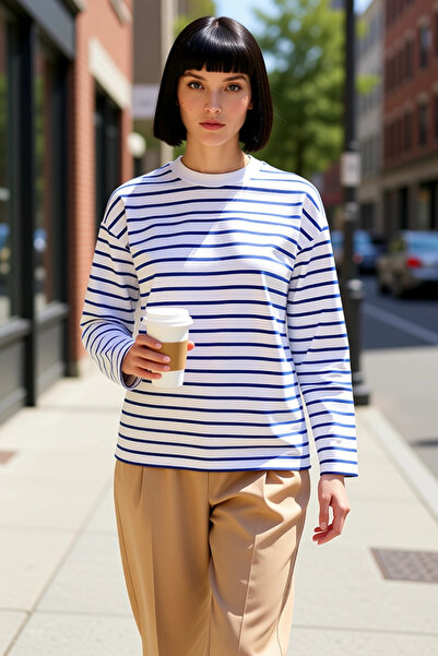 BENERLY Hanorac tricotat cu decolteu rotund și mâneci scurte, cu dungi, pentr...