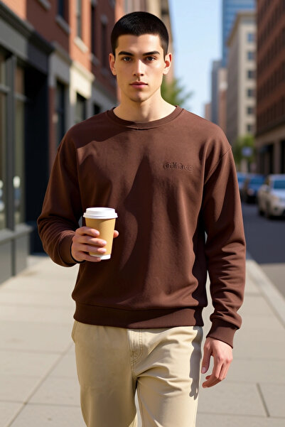 BENERLY Men's Crew Neck Low Sleeve Oversized Slogan Embroidered Diagonal Swea...