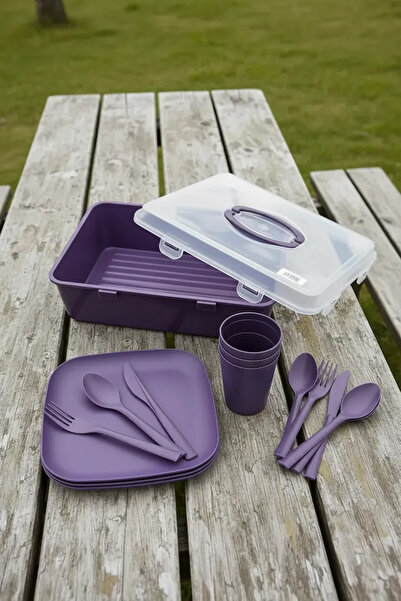 Entude 22 Parça 4 Kişilik Taşınabilir Piknik Seti – Saklama Kutulu Mürdüm – B...