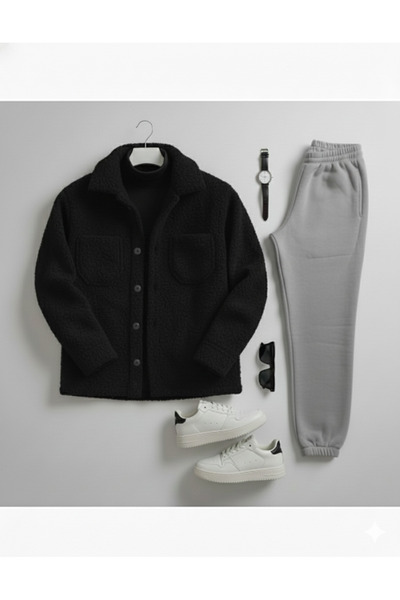 dwnwear Men's Set Bottom Top Plush Shirt- Sweatpants Long Sleeve Bottom Top Set