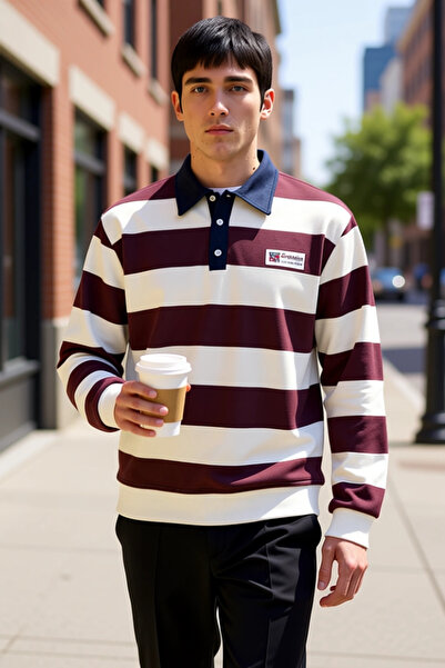 BENERLY Men's Polo Neck Standard Sleeve Striped Sweatshirt Functional Durable...