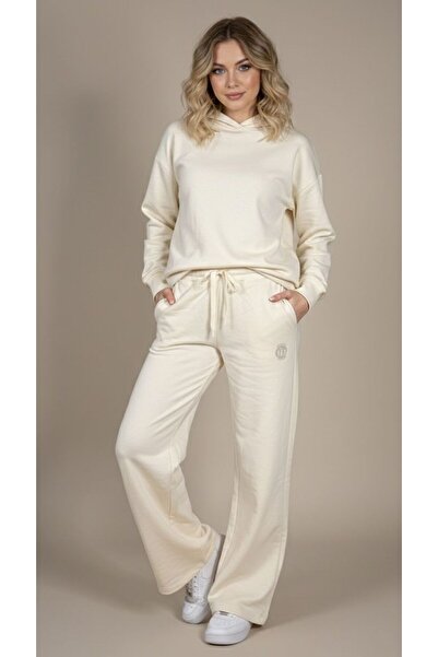 diğerr1 بنطلون رياضي فضفاض بلون كريمي ذو خصر مرتفع