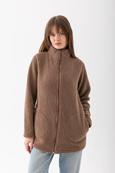 EtkiModa Women's Mink Mock Neck Zippered Fleece Jacket