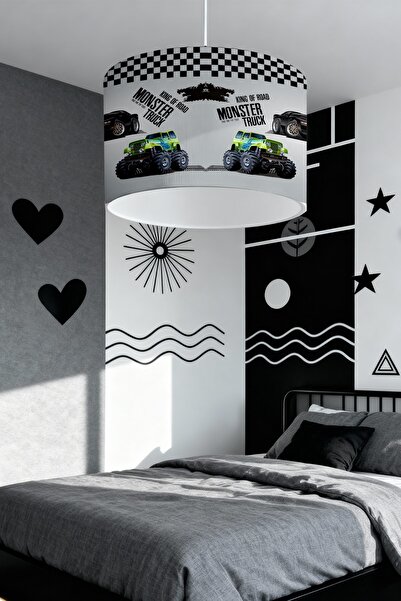 EVPANYA Siyah Monster Truck Desenli Çocuk Odası Avize