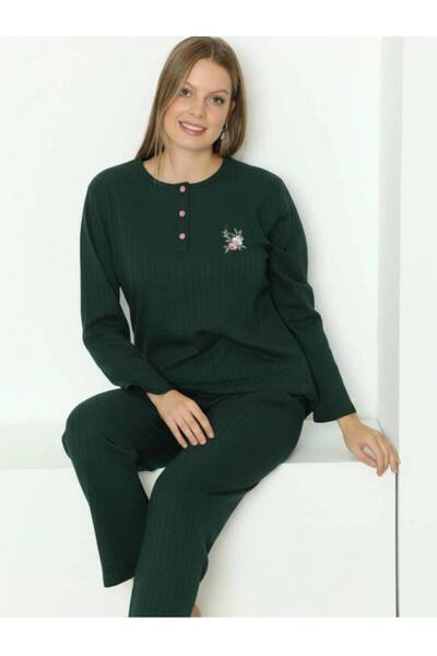 İpek Women's Long Sleeve Striped Pattern Embroidered 100% Cotton Pajama Set