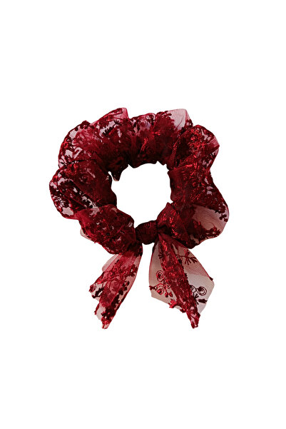 chibi Scrunchie din dantelă burgundy cu cataramă elastică - Scrunchie realiza...