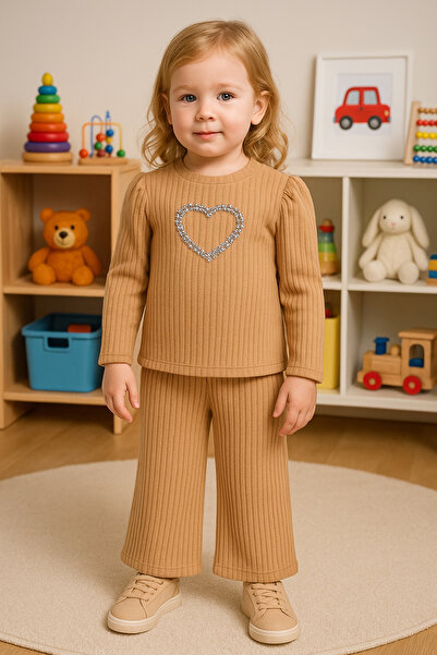 SANTRALBEBE Devojčin mekani set Rebrasto Sa kamenim vezom B Široke nogavice