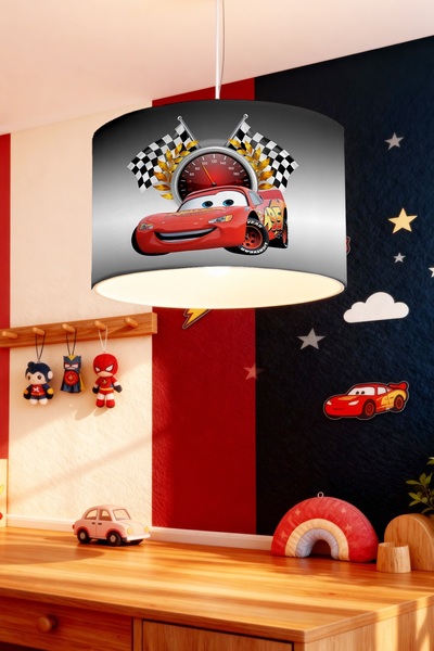 EVPANYA Gri Bayraklı Mcqueen Desenli Çocuk Odası Avize