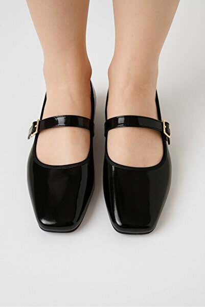 STOCON Patent Leather Black Women's Ballet Shoes with Gold Buckle, Stylish, Lightweight, Orthopedic, Noiseless Sole Stc1195