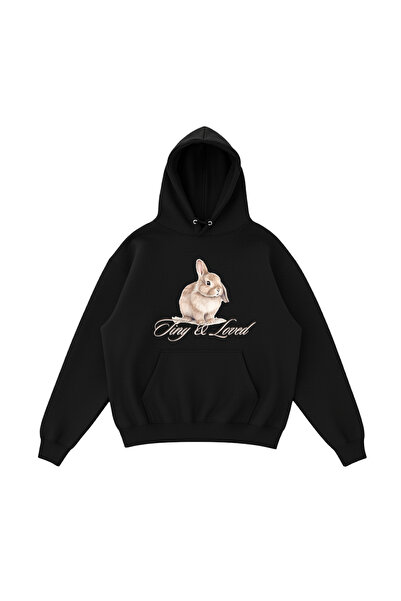 WHITE OF CREATIVE Tavşan Baskılı Oversize Hoodie 3 İplik Kapüşonlu Sweatshirt