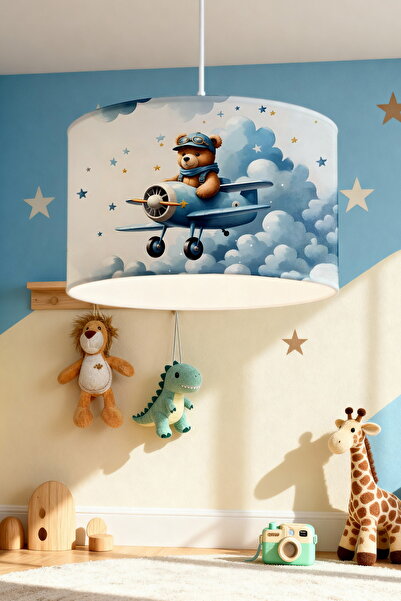 EVPANYA Mavi Uçaklı Ayıcık Desenli Çocuk Odası Avize