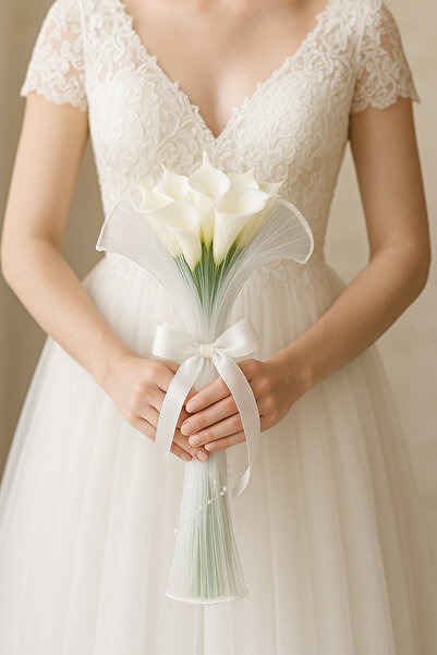 Bioren Taş İncili ve İnci Saplı Uzun Tüllü Islak Gala Gelin Çiçeği Buketi - Y...