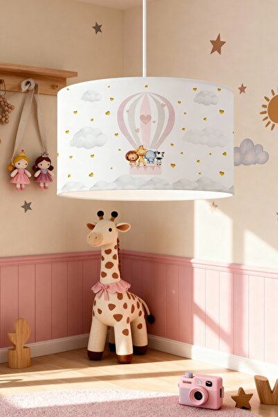 EVPANYA Pembe Balonlu Uçan Hayvanlar Desenli Çocuk Odası Avize