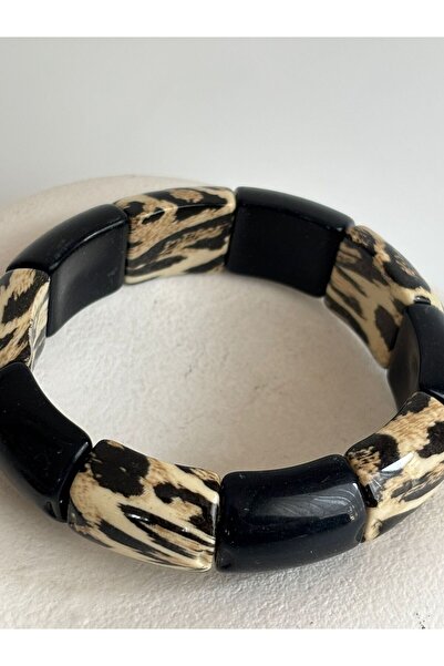 BHR AKSESUAR Black Leopard Acrylic Beaded Elastic Bracelet