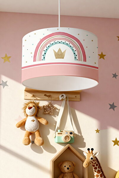 EVPANYA Pembe Şeritli Yıldızlı Kral Taçı Desenli Çocuk Odası Avize